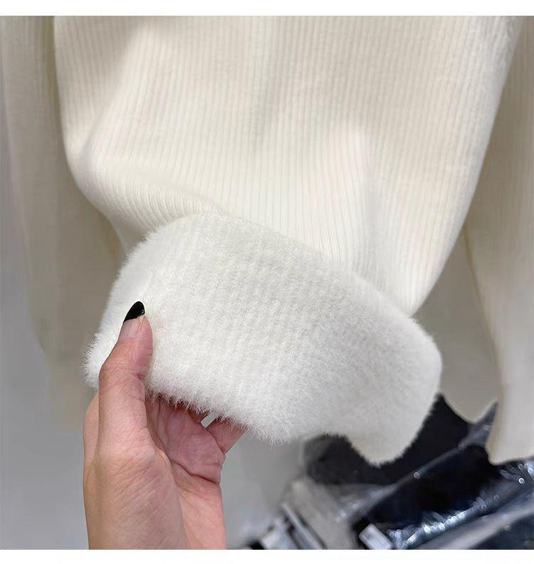 Pulover Tricotat cu Guler de Catifea cu Mărgele pentru Femei Toamnă/Iarnă