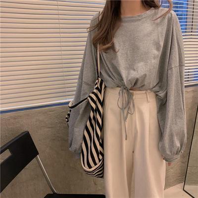 T-shirt crop bianca a vita alta coreana primaverile: Tendenza da Donna, Vestibilità Larga, Manica Lunga per Studenti