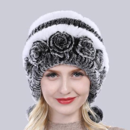 Hot Sale Winter Women Flowers Striped Natural Real Rex Rabbit Fur Hats Lady Warm Knit Genuine Fur Caps Russian Outdoor Fur Hats