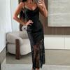 Women's Spaghetti Strap Deep V Maxi Dress Slim Fit Mid Waist Satin Lace Patchwork Party Dress