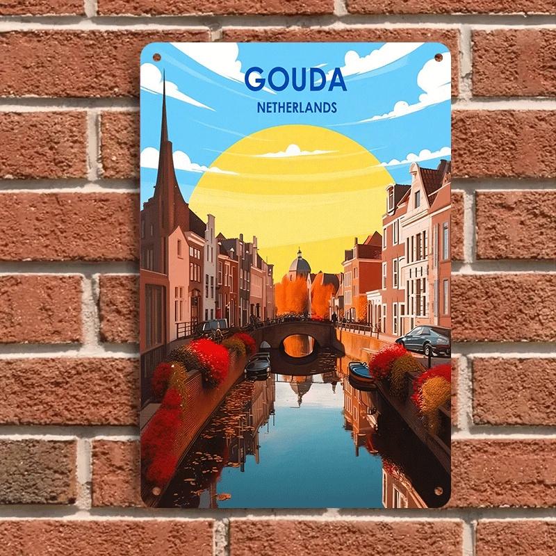 

1 piece: Dutch Gouda city landscape tin plaque, European-style architecture and canal decoration, living room/study wall decorat (as the picture,20x30cm)