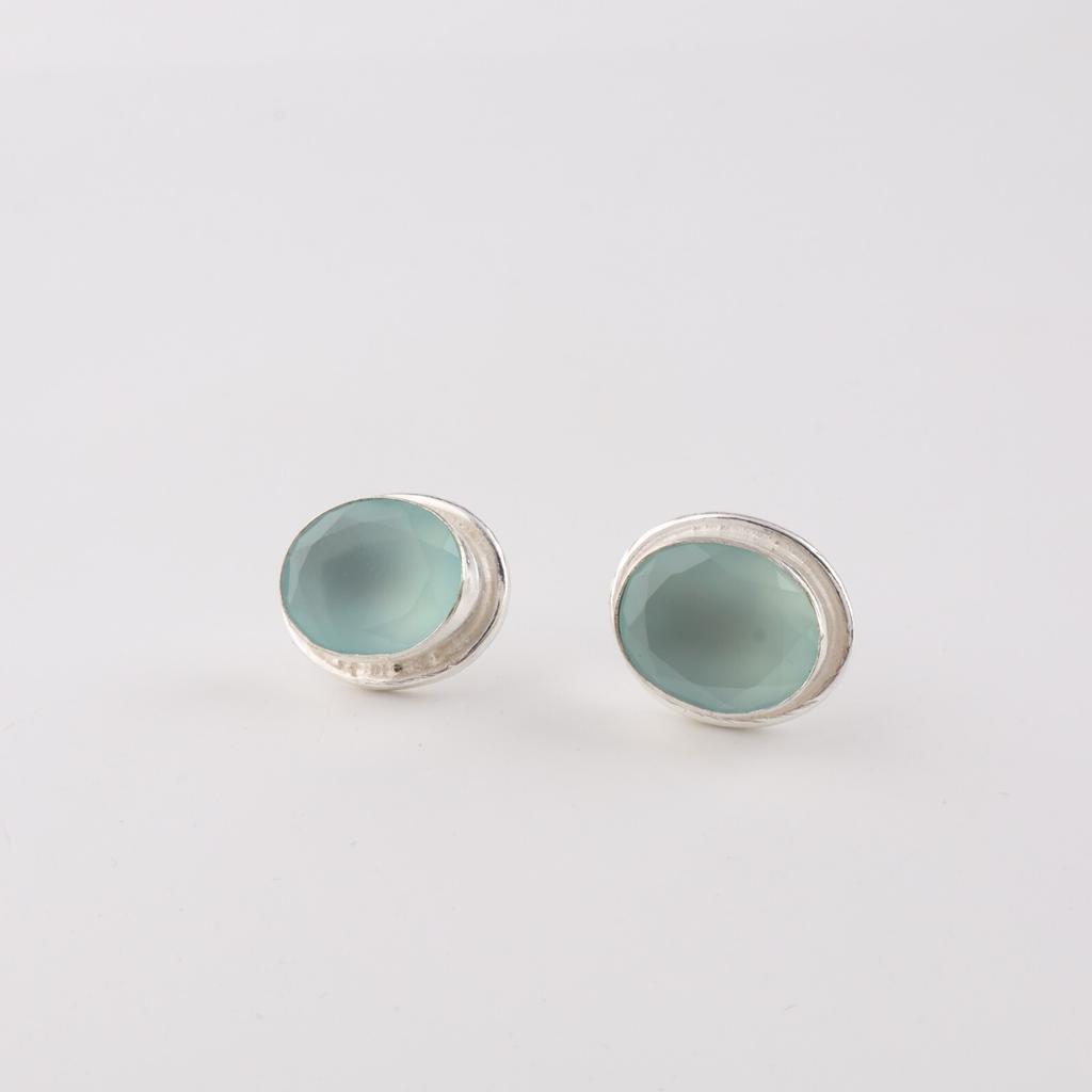 Aqua Chalcedony Gemstone 925 Sterling Silver Jewelry Handmade Stud Earrings 0.5" EE-178-19