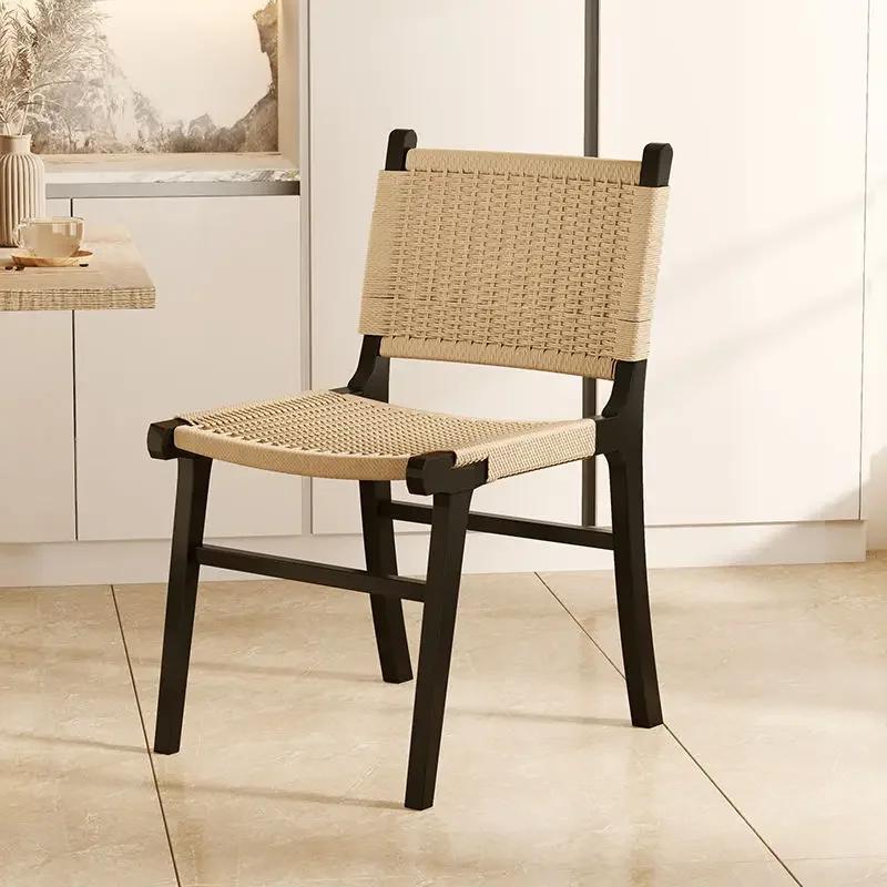 Nordic Wooden Rattan Lightweight Luxury Balcony Chair Rope-Woven Lazy Recliner Stylish Saddle Backrest Seat