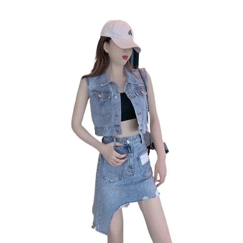 Women's 2023 Summer Retro Hong Kong-Style Streetwear Denim Skirt Set | Lightweight Mature Three-Piece Casual Ensemble