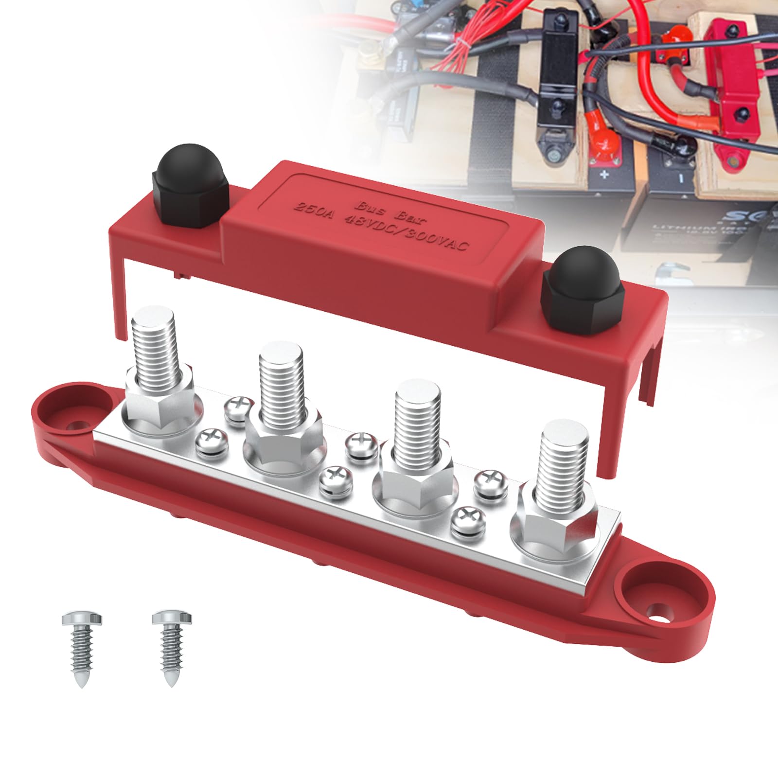 

UCkasayfy Busbar 250A 12V Power Distribution Block 3/8 (M10) 4 Post Terminal Block Cover Upgrade for Automotive, Marine, Battery System (Red)