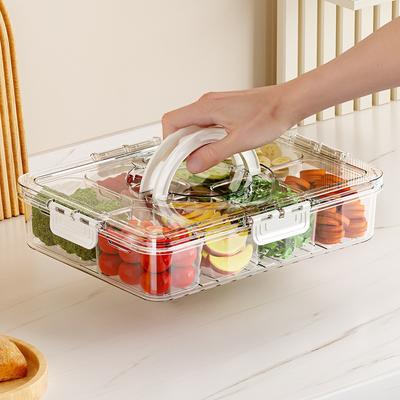 Plateau à légumes avec couvercle et poignée, Plateau de service compartimenté, Tourne-plateau à snacks, Boîtes à snacks portables pour bonbons, fruits, noix, Transparent Réfrigérateur