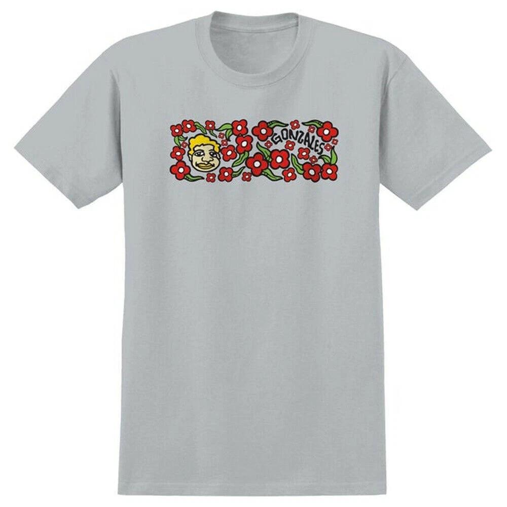 Krooked Mark Gonzales SWEATPANTS Skateboard T Shirt SILVER w/RED Flowers XS