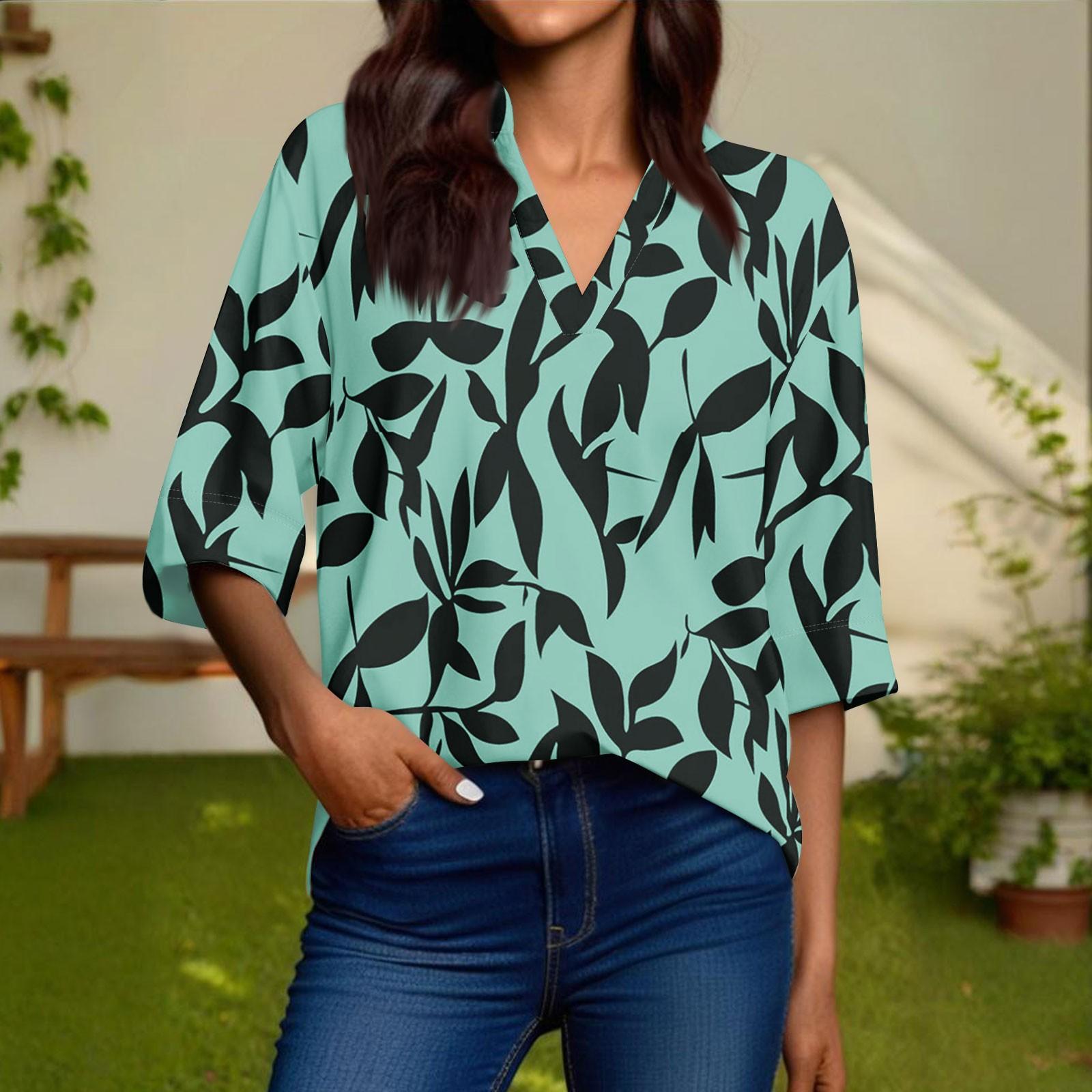 

Женская модная повседневная рубашка с V-образным вырезом и рукавами 3/4, пуловер XXL циан