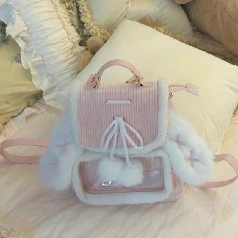 Niche Versatile Ears Corduroy Cute Backpack Autumn And Winter Casual Backpack Large Capacity Pain Bag
