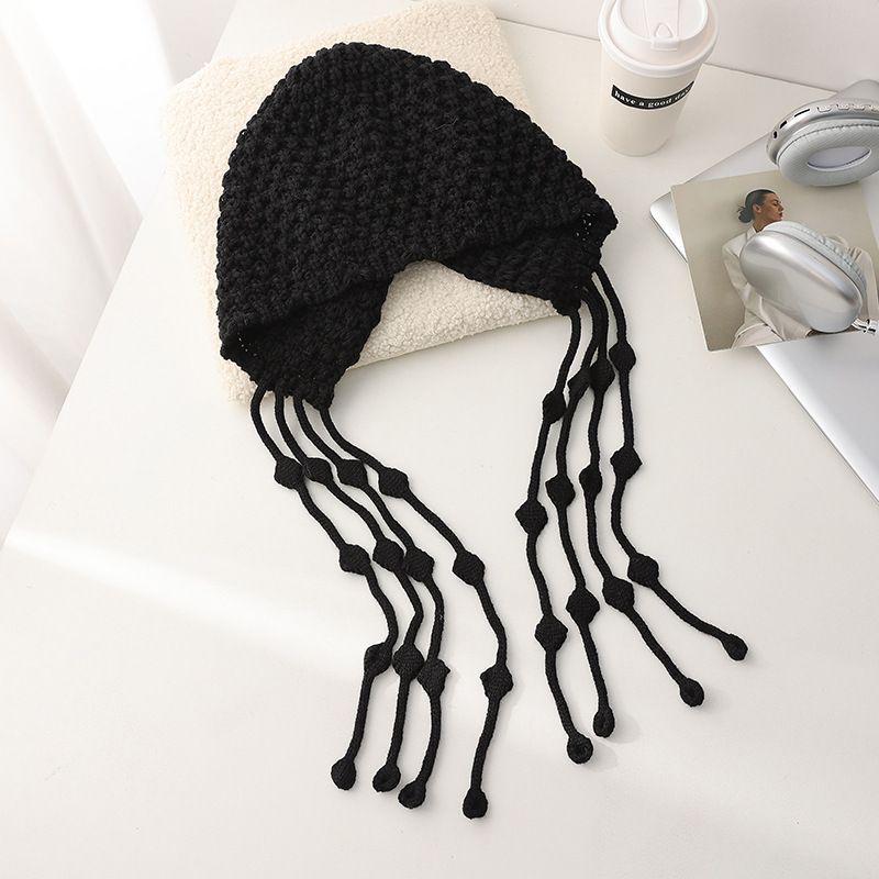 Women's Red Ethnic Tassel Hat - Winter Handmade Knitted Wool, Small-Face Retro Fashion