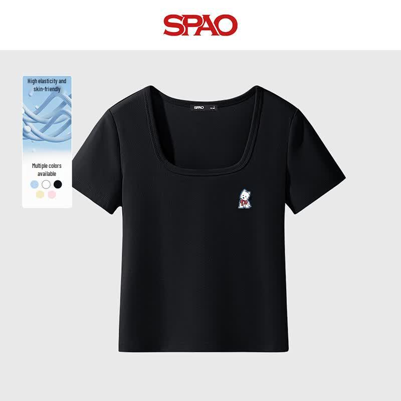 SPAO Women s Cute Puppy Print U-Neck Cropped T-Shirt L