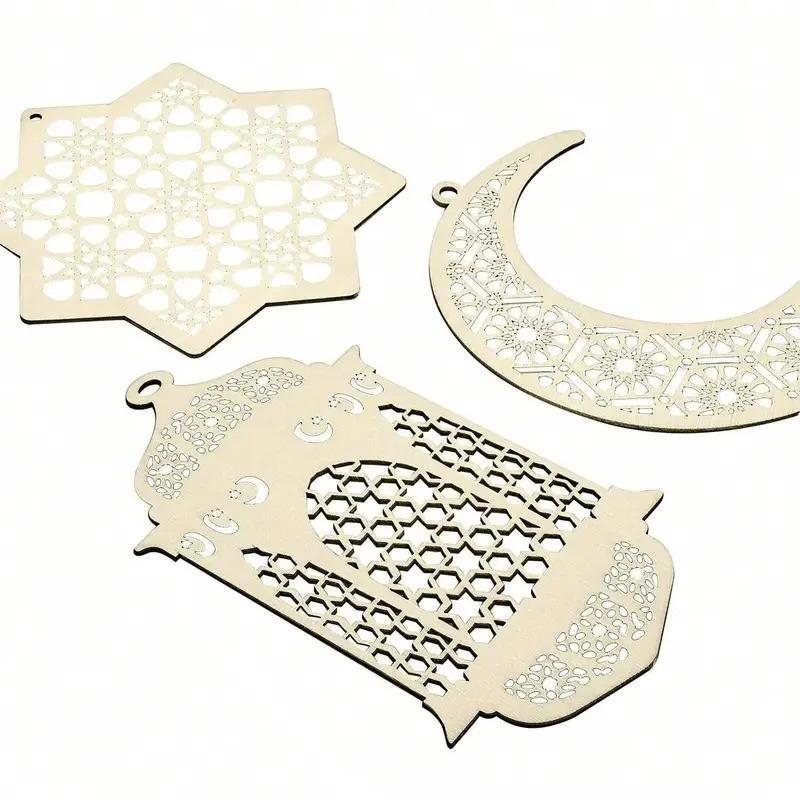 3 PCS Ramadan Hollow Wooden Pendant - Moon Star Wind Light Shape Ornament, Happy Eid Hanging Sign, Festival Decoration