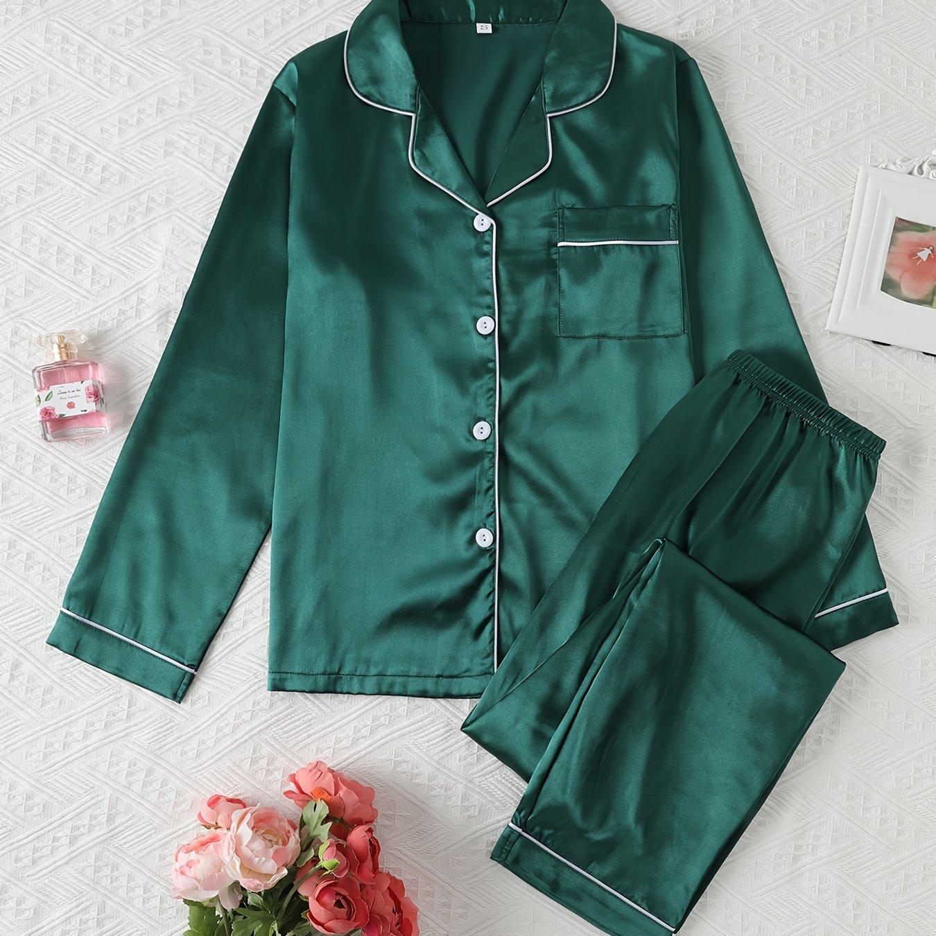 

Женский атласный комплект домашней одежды, рубашка с длинными рукавами на пуговицах и удобные брюки, свободная пижама на весну и осень XL зелёный