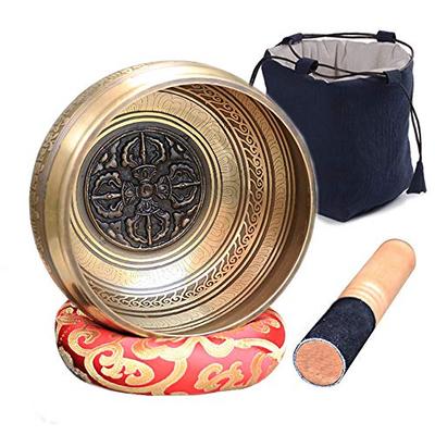 NGE Singing Bowl Set, 11cm Diameter, with Stick, Cushion, and Drawstring Bag, Featuring a Cross-shaped Vajra Design and Overtones. Ideal for Buddhist