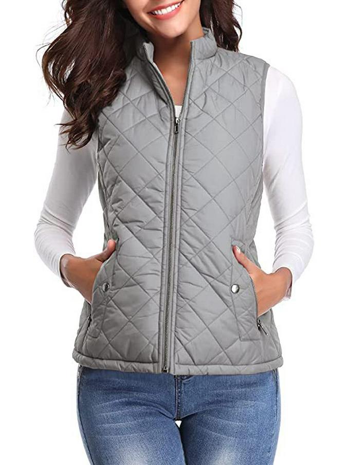 2022 Damenmode Gesteppte Baumwollweste mit Reißverschlusstaschen und Stehkragen