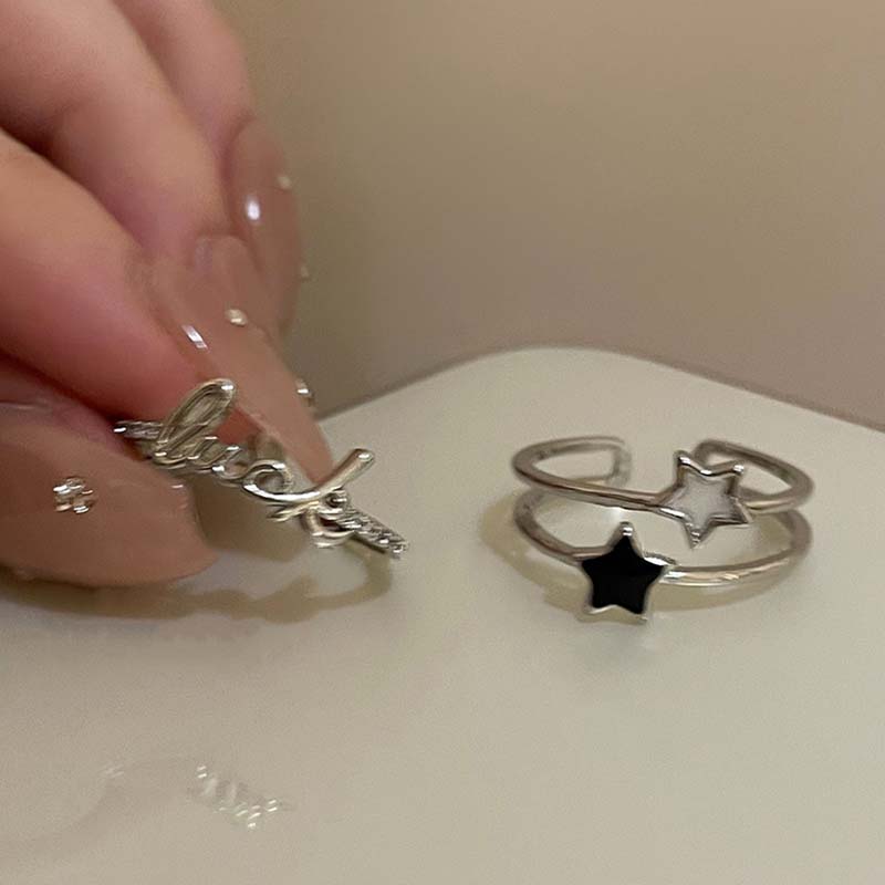 Y2K Letter Bilayer Star Open Ring for Women Girls Sweet Hollow Dropwise Glaze Pentagram Lucky Finger Accessories Fashion Jewelry
