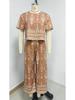 Elegant Color Block Ethnic Print Top & Straight Leg Pants Set for Women