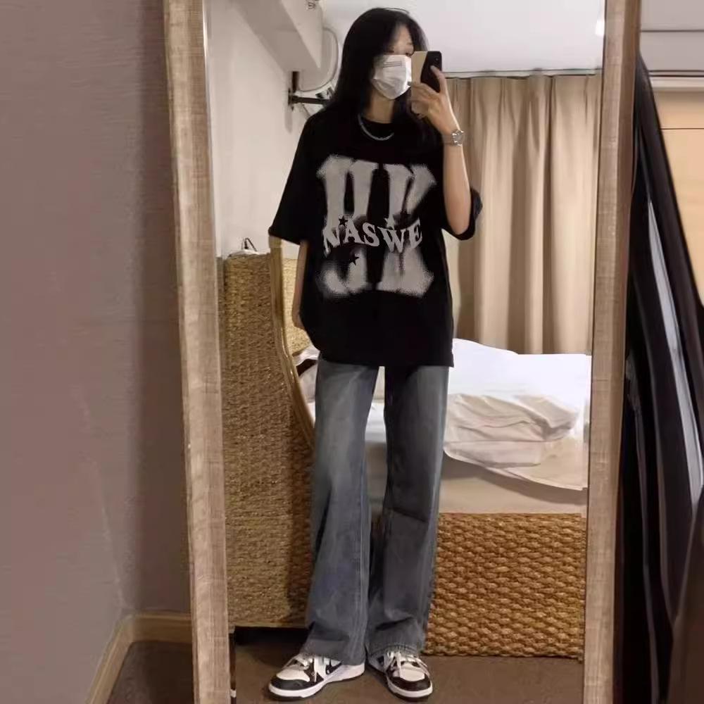 Large size pure cotton Guochao brand American high street oversize front shoulder short-sleeved t-shirt women's summer lazy niche top