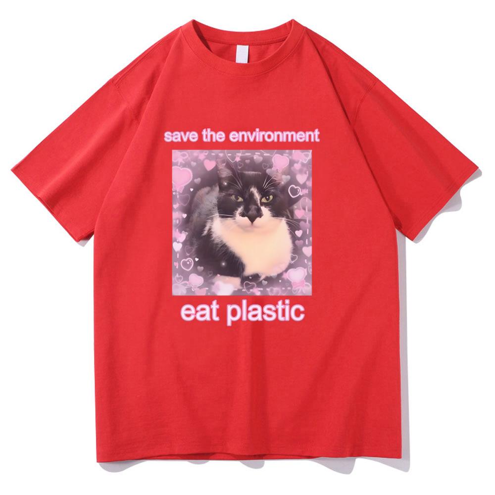 

Save The Environment Eat Plastic Meme Cat T-shirts Short Sleeve Summer Cotton Tee-shirt Cartoon Graphic Tees Girls Women Tshirts S