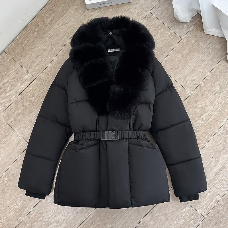 Womens Winter Puffer Coat With Detachable Faux Fur Collar Slimming Waist Tie Mid-Length Oversized Parka In Solid Colors