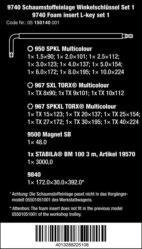 WERA Set mit Schaumstoff Enthält Sechskant Torx Klebeband und Magnetisierer 20-teilig L-förmig Hex-Plus Einsätze Stange Schraubenschlüssel Maß, (150140)