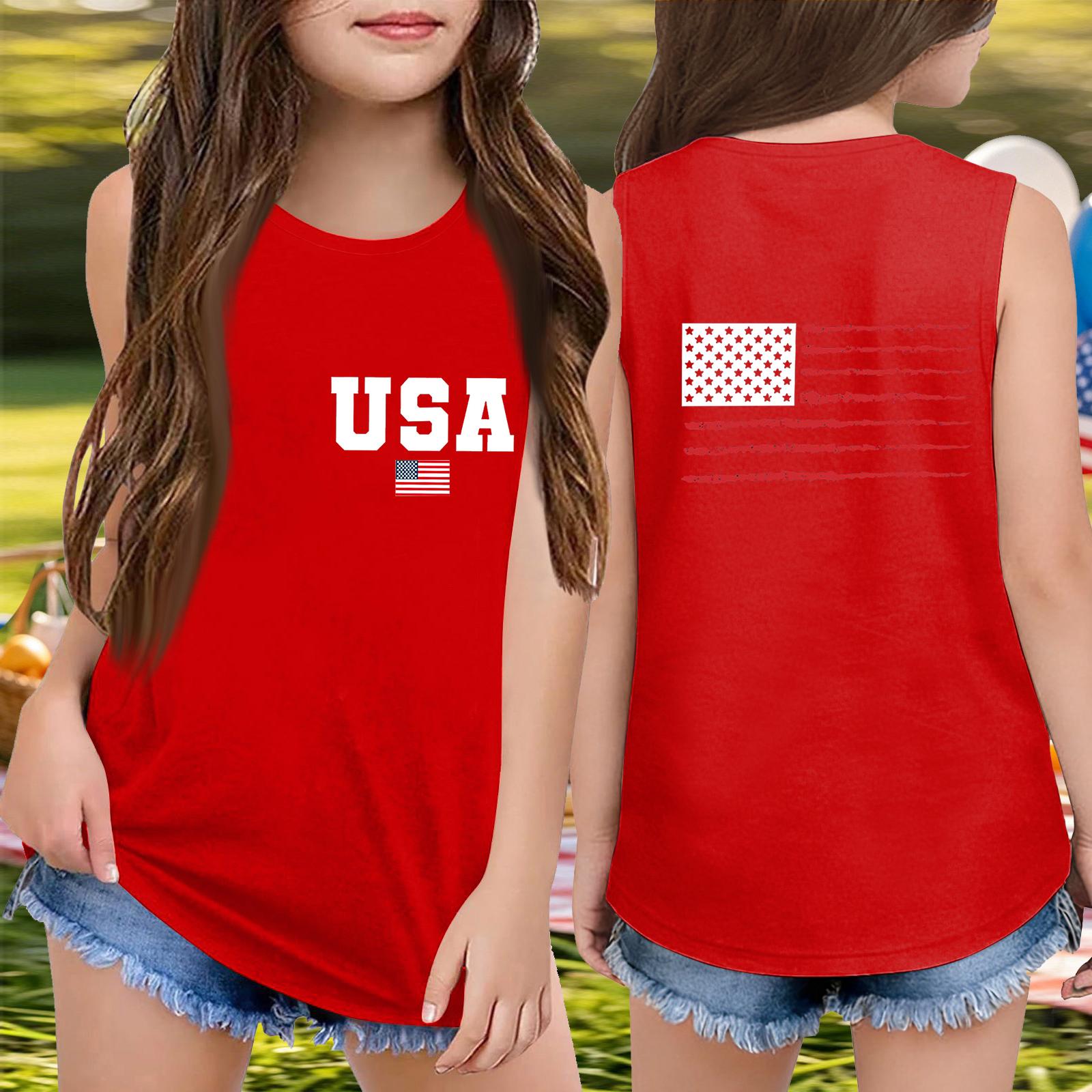 

Girls Sleeveless Loose Fit Tank Top Round Neck T Shirt Independence Day Print USA Flag Casual Summer Tee for Kids 140 Кіновар