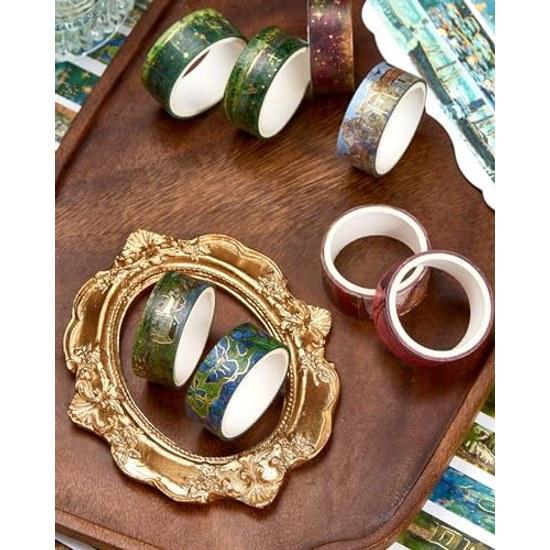 Oil Painting Style Masking Tape 20 Pieces Set Landscape Patterns Washi Gold Foil Stamping Scenery Drawing DIY Crafts Journal Planner Scrapbook Gift