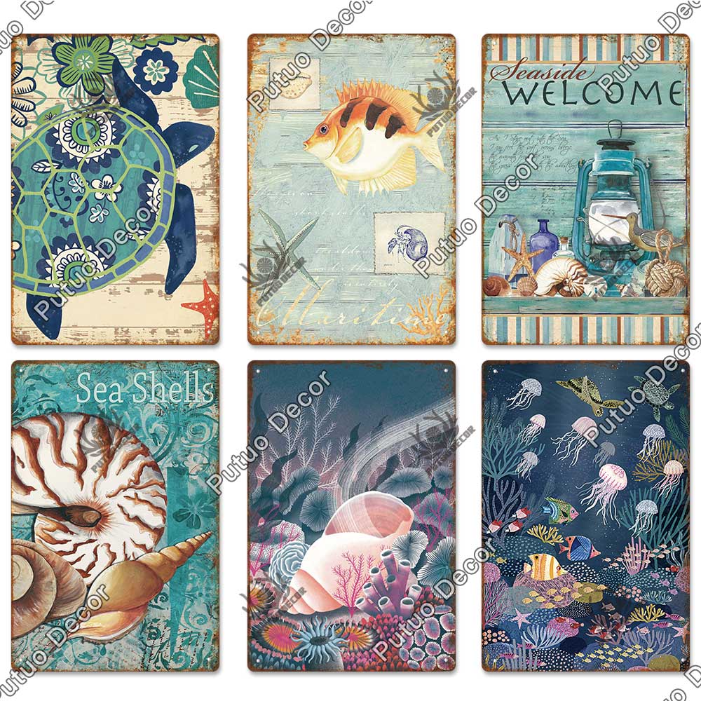 Decor Marine Animals Tin Sign Vintage Plaque Metal Wall Retro Posters for Beach Bar House Decorative Art Iron Painting