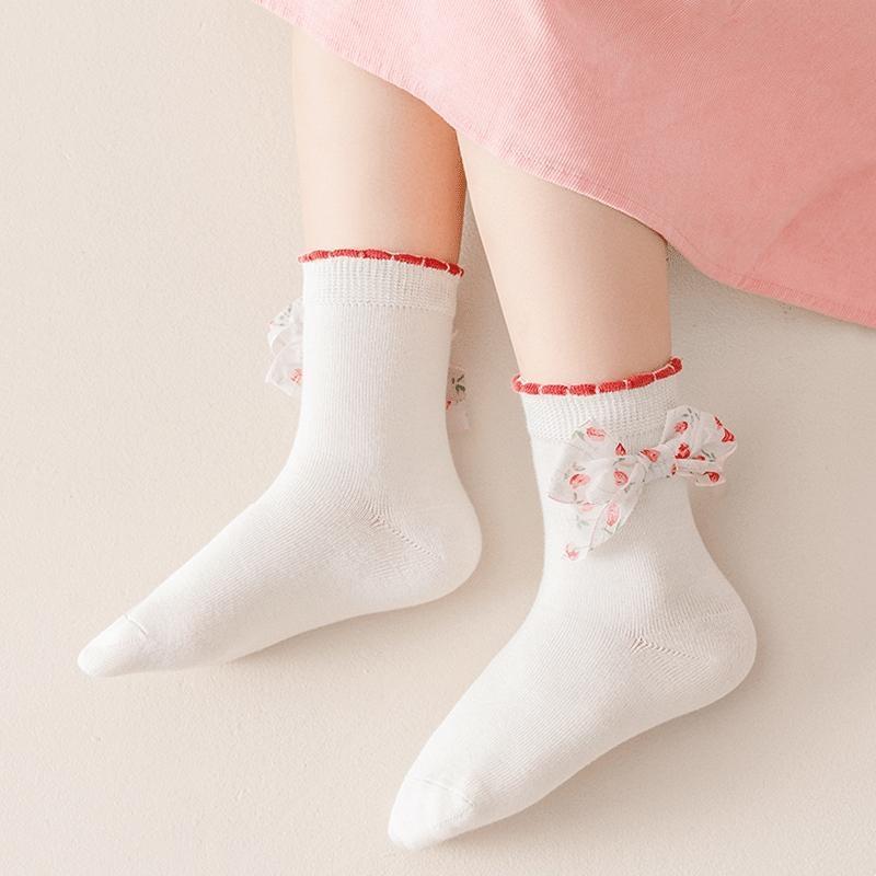 3Pairs/Set Kids Girls Socks Sweet Lace Bowknot Ruffle Socks Stripe Print  Socks Breathable Socks Autumn Spring