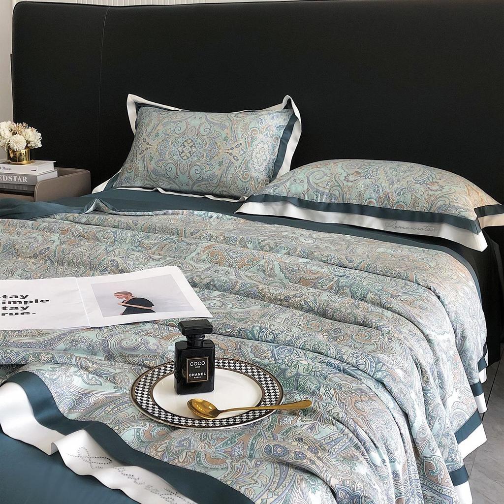 Luxurious European Tencel Brocade Summer Quilt Set: Cooling Ice Silk, Washable, Thin, Four Pieces for Air Conditioning.