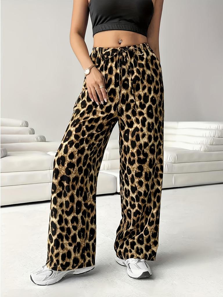 Women's Fashion Leopard Print Wide-Leg Pants with Elastic Waist