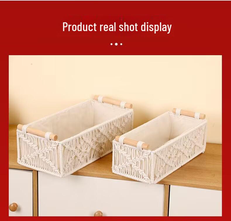 Bohemski Skandynawski Ręcznie Tkany Koszyk z Bawełnianego Sznurka na Kosmetyki, Przekąski, Kwiaty i Owoce