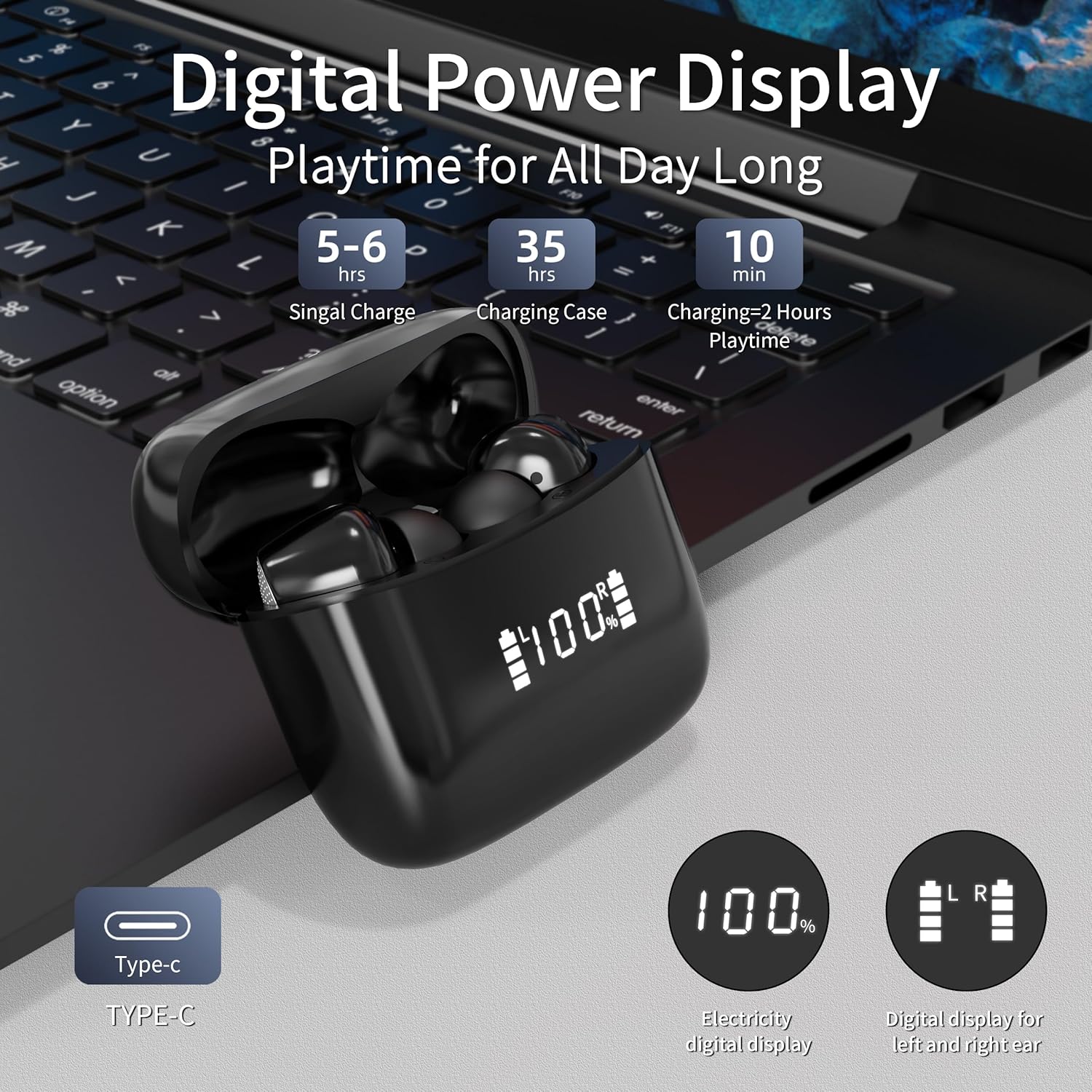 

in-Ear Headphones Bluetooth 5.3,Sport Noise Mics,Waterproof IPX7,50H Long Playtime,LED Power Display,Excellent Sound,Comfortable,Compatibility with чорний