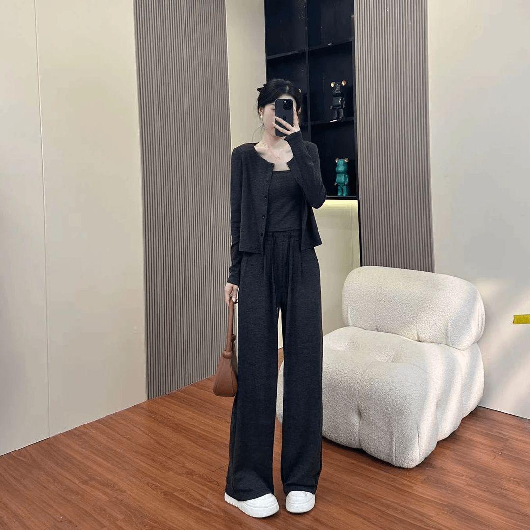 

2026 Women s Spring & Autumn Sports Suit: Casual Three-Piece Set with Wide-Leg Pants & Cardigan Jacket XL (105-120 jin)