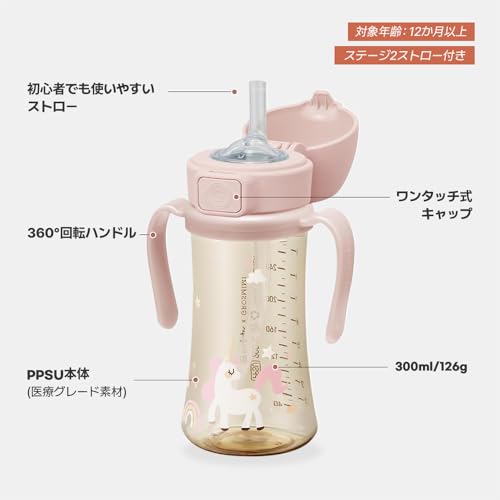 GROSMIMI Straw Mug, PPSU, One-Touch Stage 2 Straw, Rotating Handle, Leak-Proof, Popular Design, 300ml, BPA-Free, Unicorn [Authentic GROSMIMI Product]