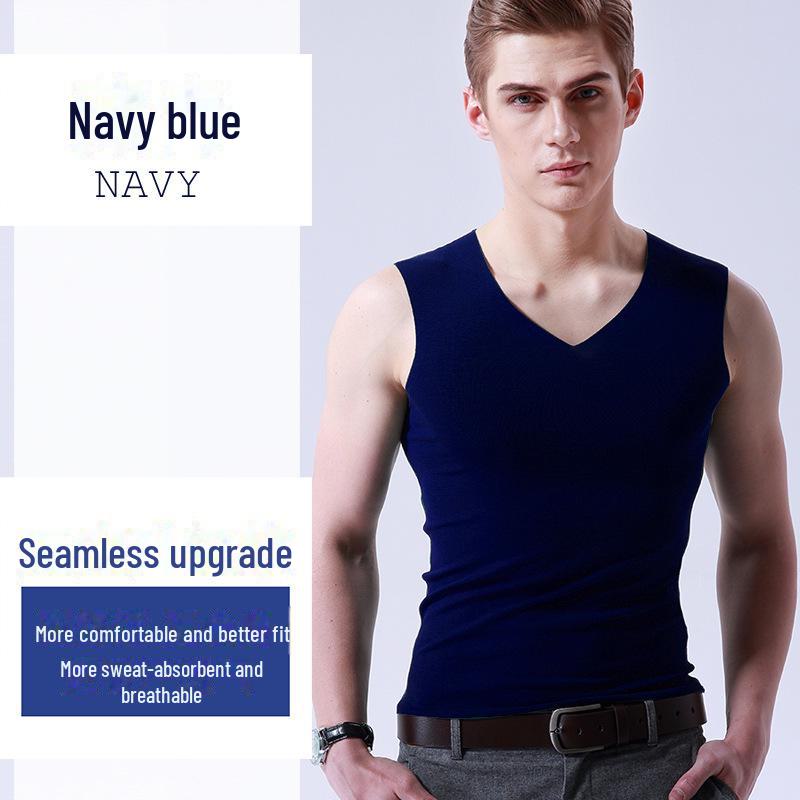Men's White Ice Silk Seamless V-Neck Sleeveless Sports Vest - Summer Slim Fit