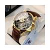 OLEVS Men's Mechanical Automatic Skeleton Watch Brown Black Leather Strap Waterproof Fashion Timepiece