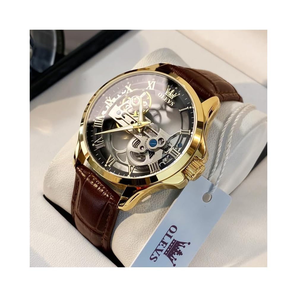 OLEVS Men's Mechanical Automatic Skeleton Watch Brown Black Leather Strap Waterproof Fashion Timepiece