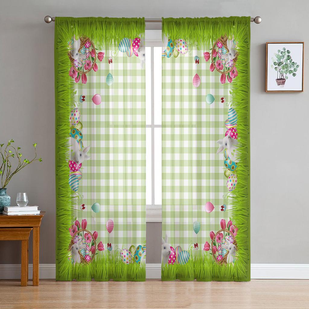Velikonoční jaro králičí kostkované tylové závěsy do obývacího pokoje voál průhledný závěs okenní závěsy