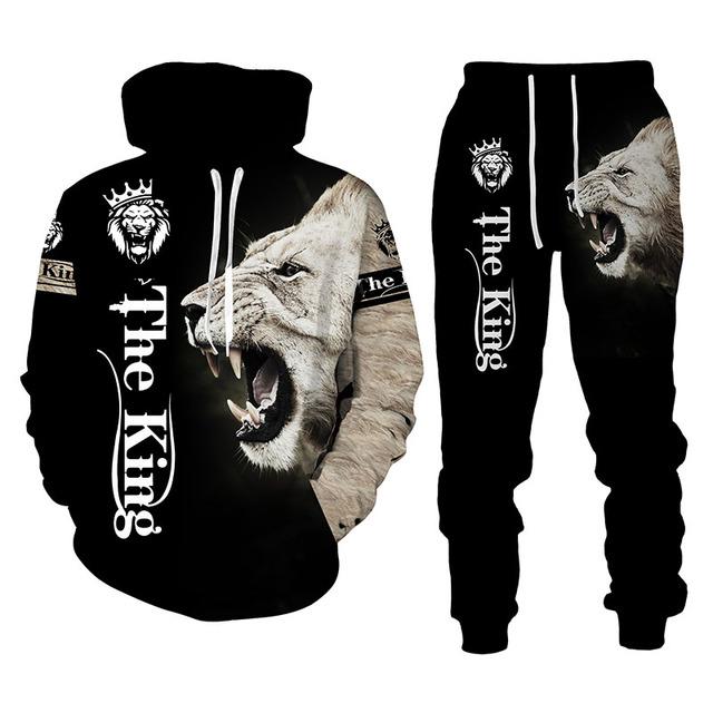 Animal 3D Print Men Hoodie Set Lion All Over Tracksuits Men Fashion Cool Hoodie Pants 2 Pcs Suit Personality Women Sweatershirt