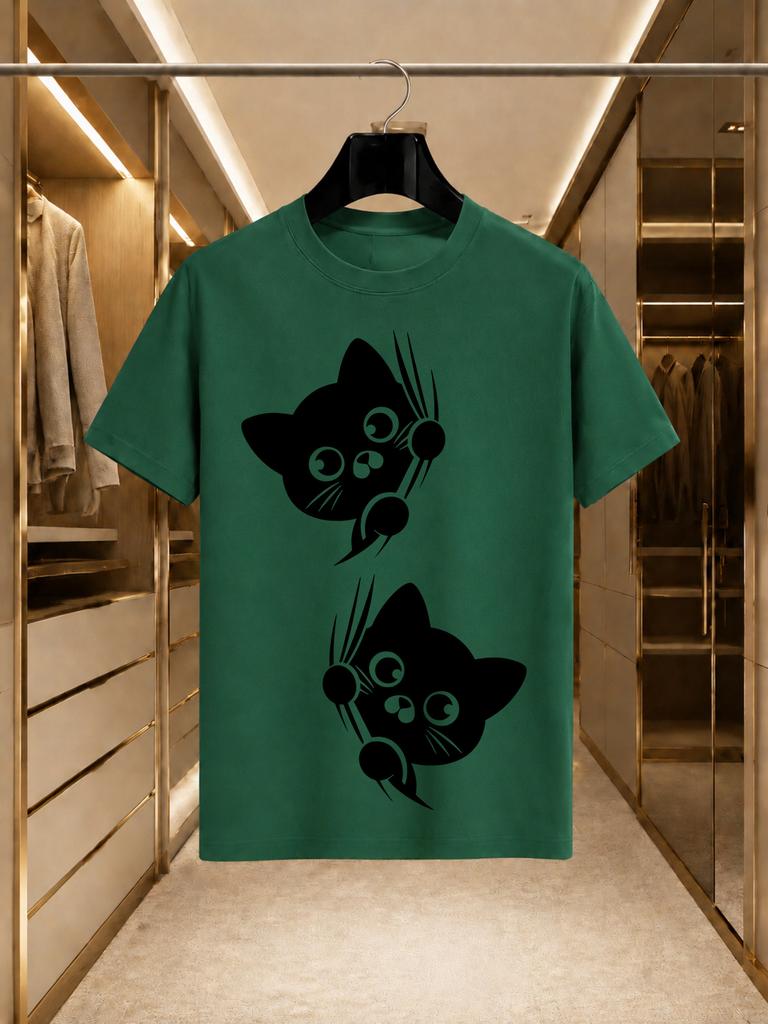 2026 New Arrival 100 Cotton Tshirt Cute Climbing Black Cat Cartoon Print Crew Neck Unisex Loose Fit Casual Short Sleeve