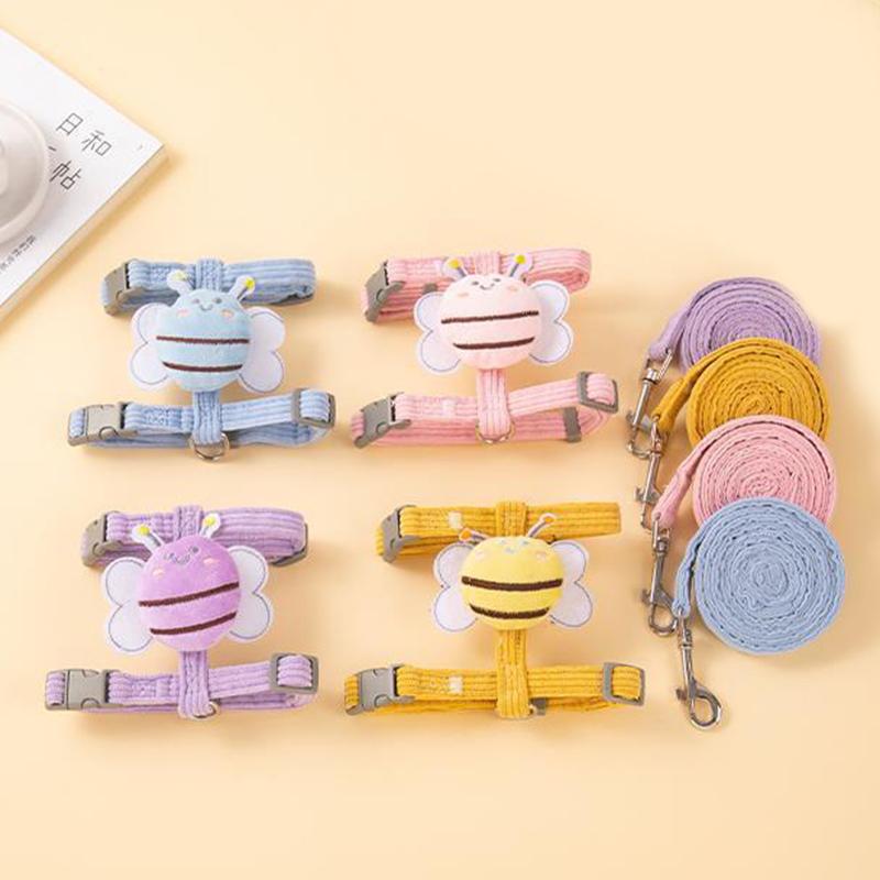 Cat Harness Leash Collar Set Adjustable Cartoon Bee Double Layer Dog Harness For Small Medium Pet Collar Leash Outdoor Walking