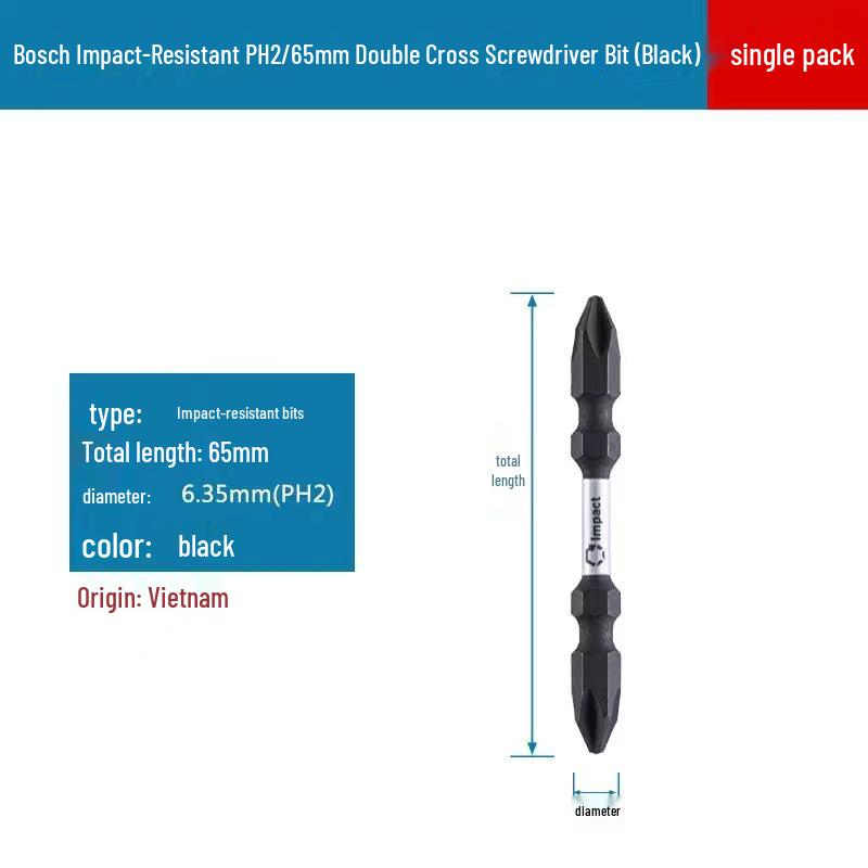 Bosch PH2 Magnetic Double-ended Phillips Screwdriver Bit with Extended Length for Electric and Air Screwdrivers.