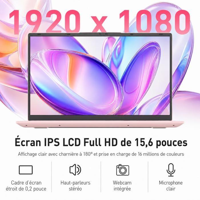 Ordinateur Portable - Win11 Pro - PC Portable -15.6 Pouces -AMD 3050E RAM 8Go+Stockage 256Go SSD - Expansible 6TB-2.4G+5G WiFi-Rose