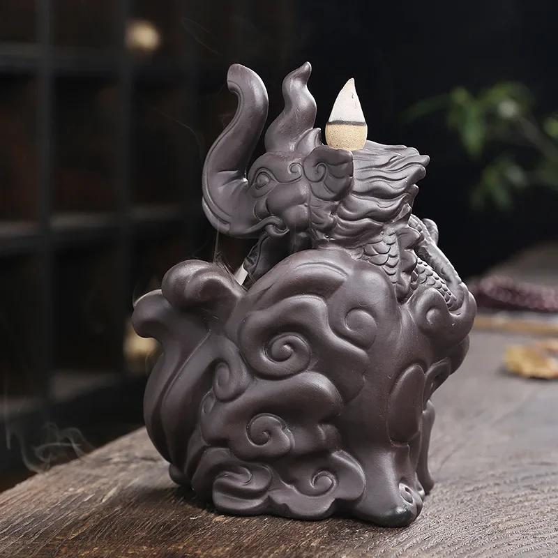 1pc,Purple Clay Handicrafts Lucky Feng Shui Elephant & Dragon Home Decor Incense Burner (Without Incense)