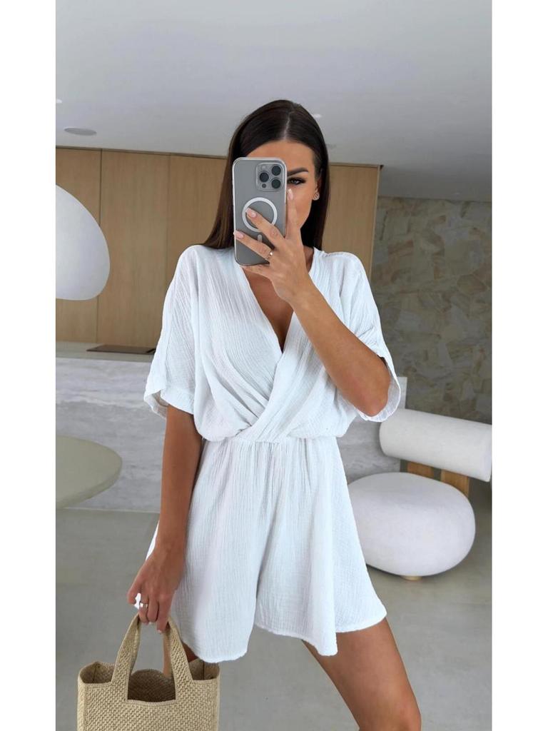 2025 Neuer Sommer tiefer V-Ausschnitt Kurzarm Taillenraffung Jumpsuit Shorts