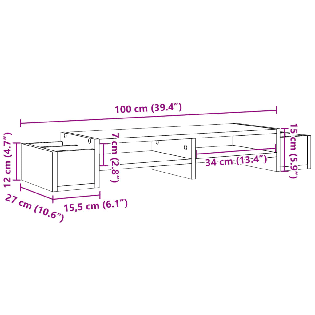 Monitor Stand with Storage Space Concrete Grey 100 X 27 X 15 Cm Particleboard