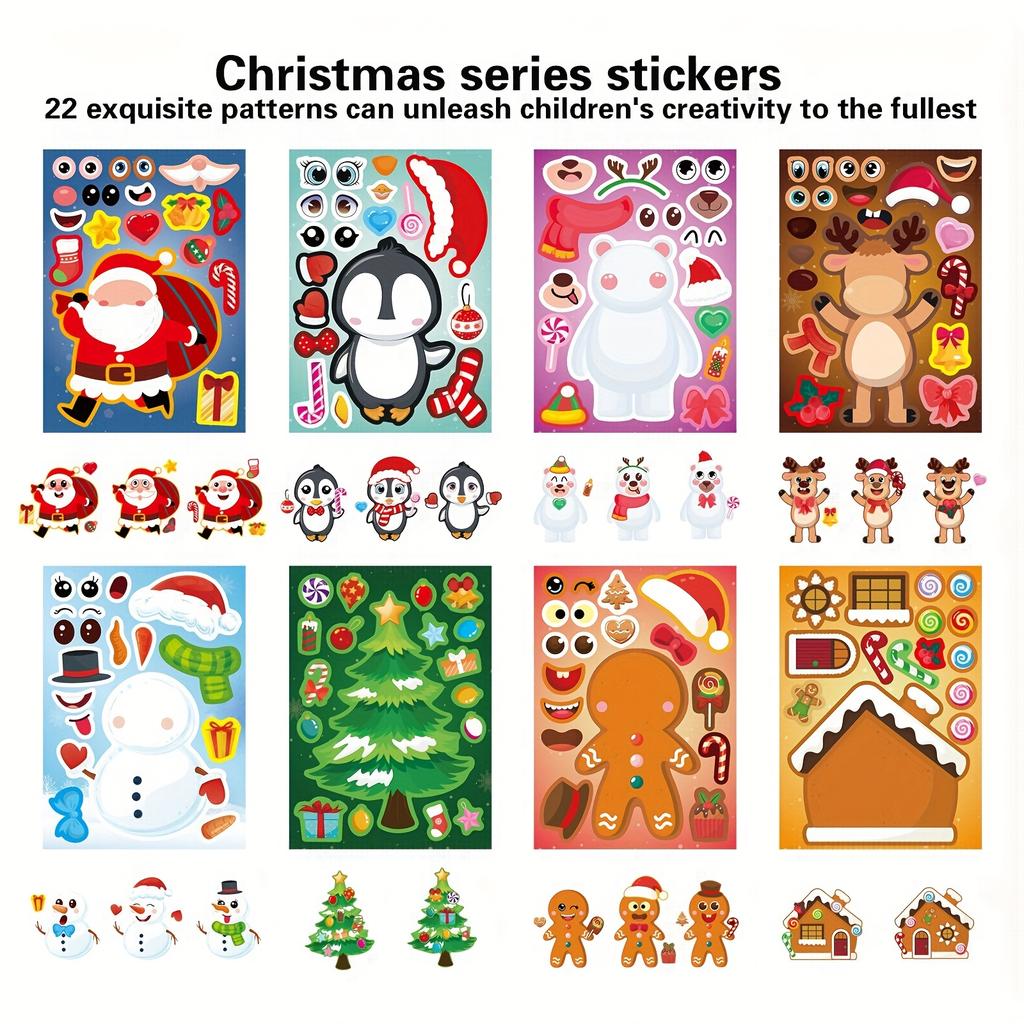 8/24Sheets Christmas Puzzle Stickers Santa Snowman Xmas Tree Make A Face Sticker Kids New Year Party Favors Toy Gift Decorations