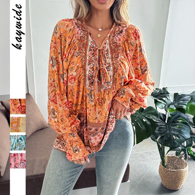 Casual Vacation Printed Long-sleeved T-shirt Tops for Women Autumn and Winter
