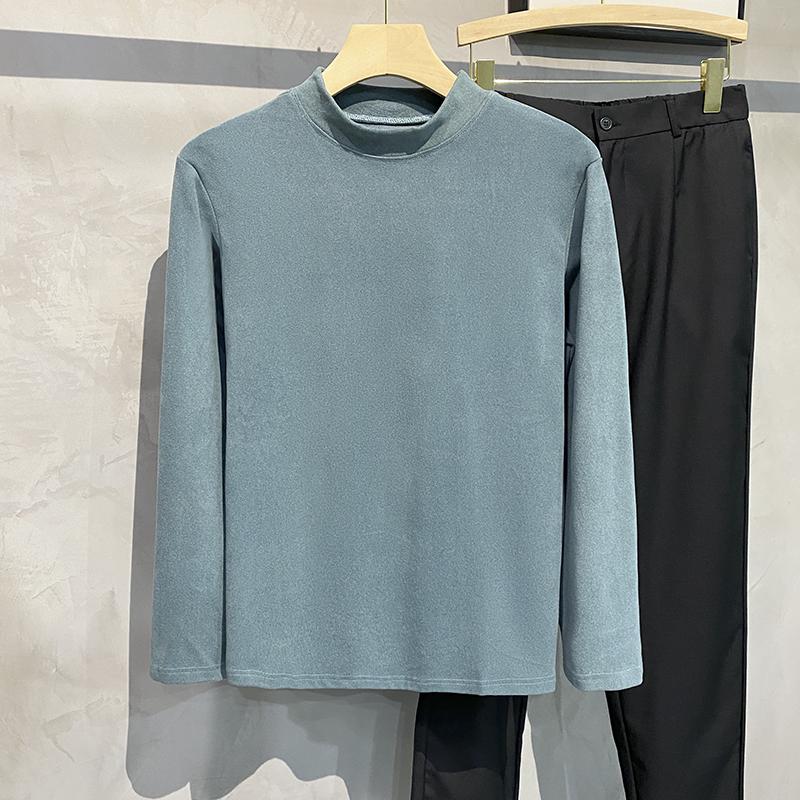 

Мужская приталенная футболка с полувысоким воротом, черная, с длинным рукавом - корейский стиль, двусторонний вельвет 4XL